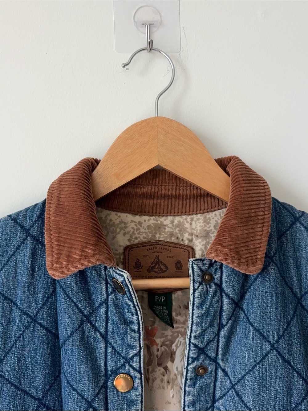 Vintage Lauren Ralph Lauren Quilted Denim Barn Coat Size P Corduroy Chore Lined - Picture 2 of 14